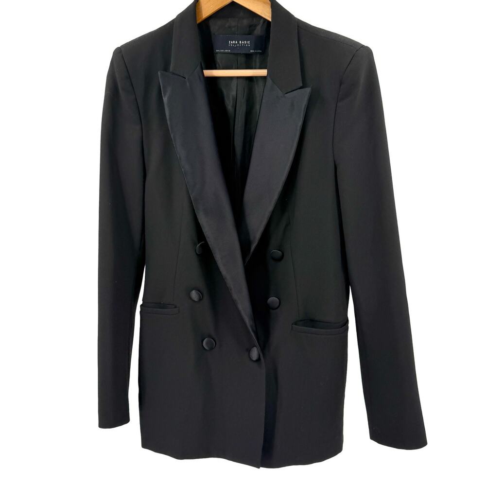 Zara Basic Black Satin Lapel Double-Breasted Tuxedo Blazer